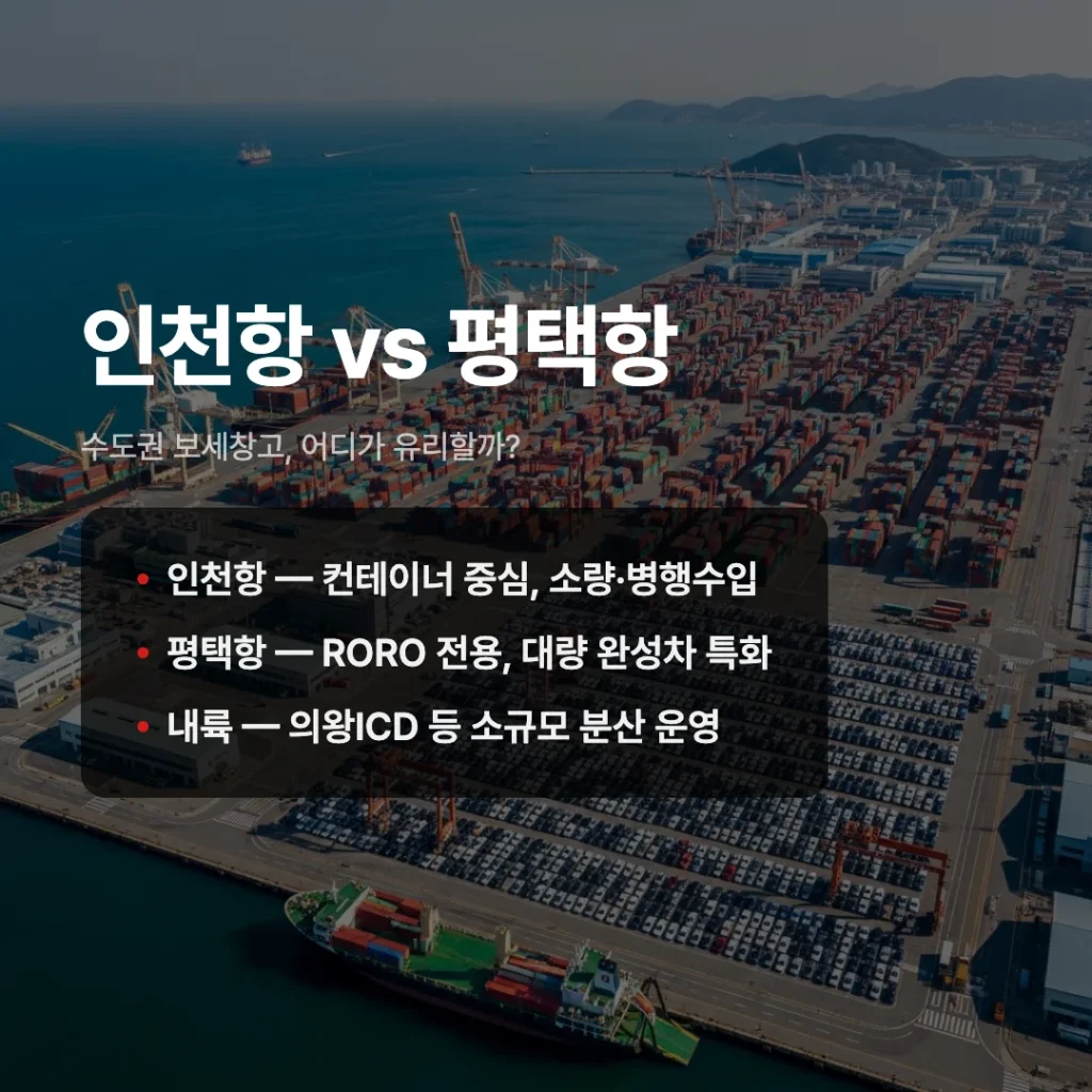 보세창고 인천항 vs 평택항 vs 내륙 비교 카드뉴스